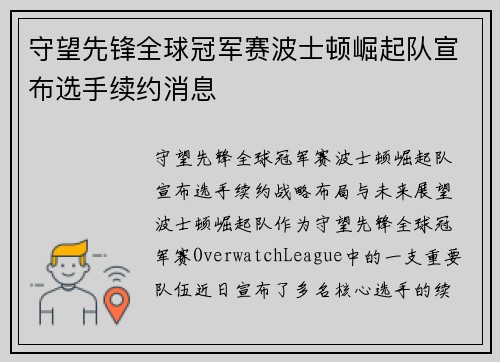 守望先锋全球冠军赛波士顿崛起队宣布选手续约消息