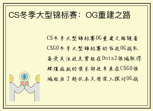 CS冬季大型锦标赛：OG重建之路