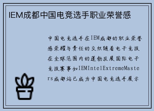 IEM成都中国电竞选手职业荣誉感